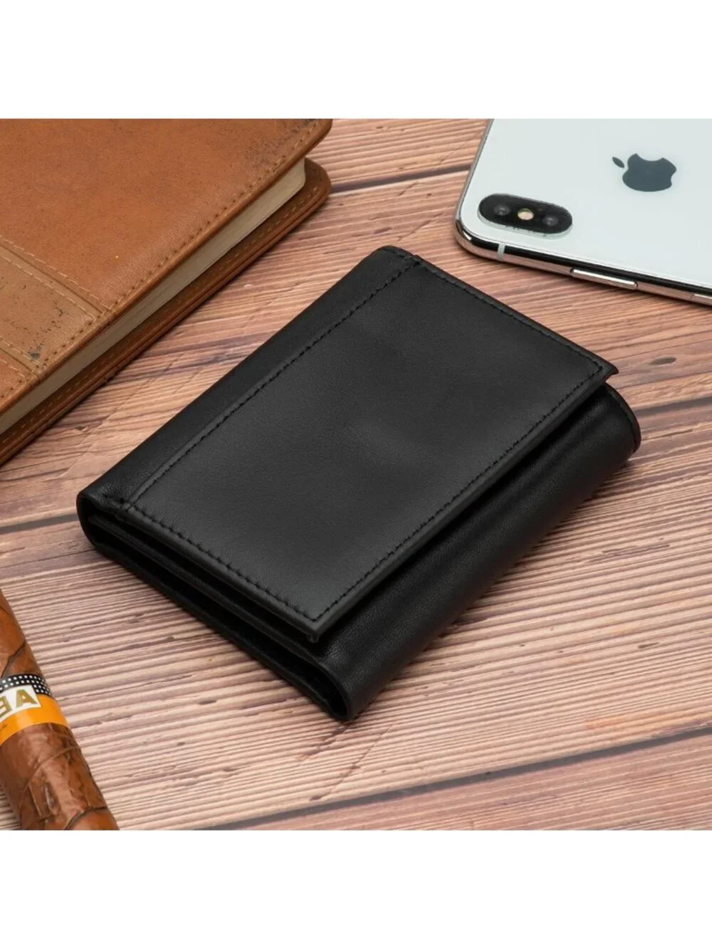 Men's RFID Blocking Trifold Leather Wallet, Genuine Leather, 3 ID Windows, Black